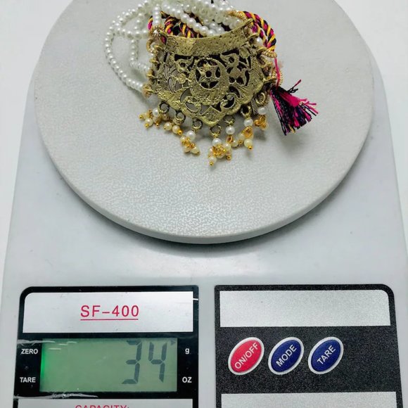 Pearls Beaded Chain Necklace With Big Golden Metal Motif, Handmade Beaded - Picture 10 of 12